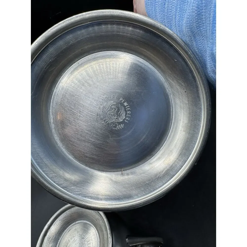 Vintage Woodbury Pewter 3 Piece Teapot Cream and Open Sugar Bowl USA EUC